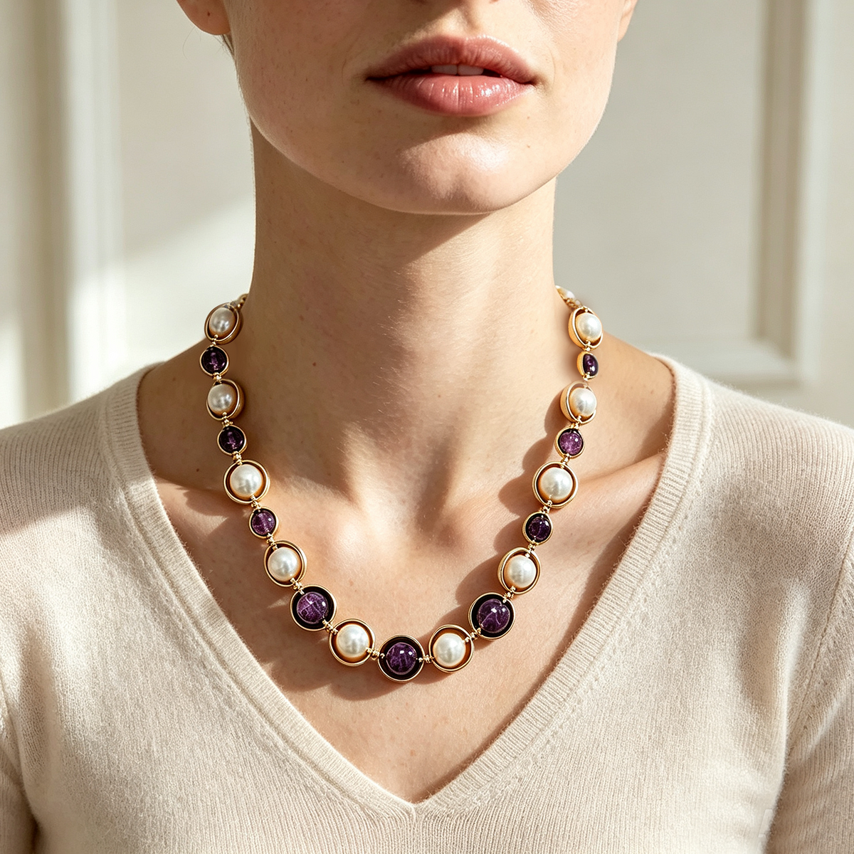 Collana con Perle e Pietre Rotonde