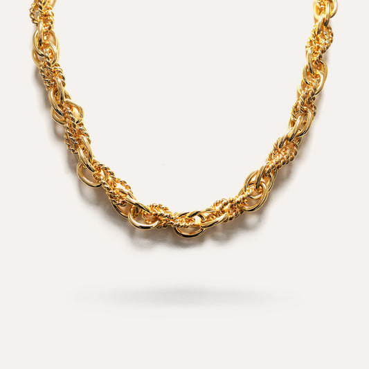 Collana Catena a Doppia Maglia con Anelli Lisci e Intrecciati Alternati