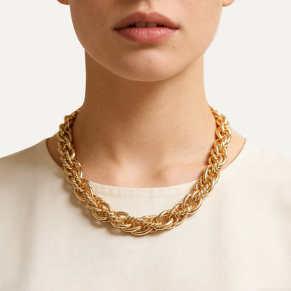 Collana Catena a Doppia Maglia con Anelli Lisci e Intrecciati Alternati